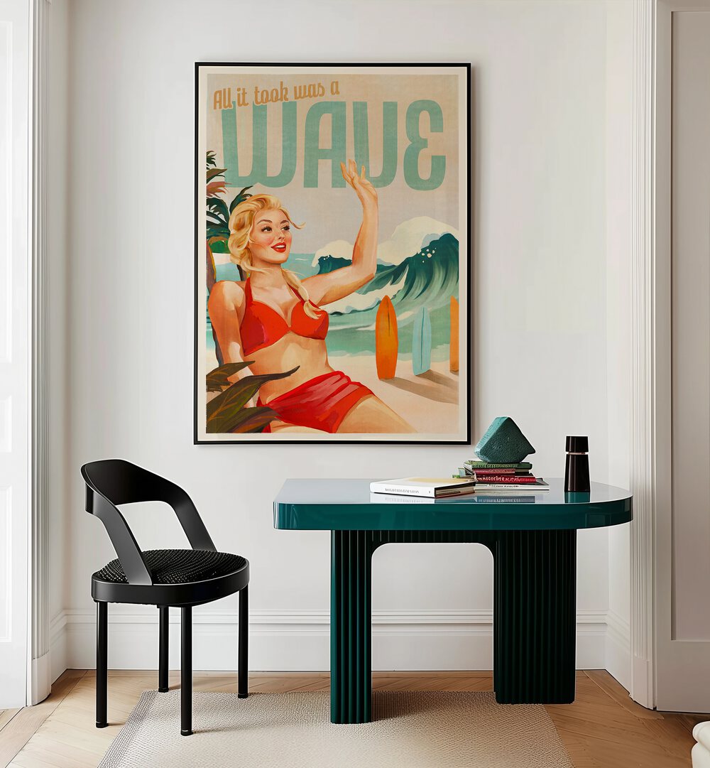Vibrant SURFING PINUP art showcasing a chic girl in bikini on the beach, perfect for BEACH PAINTINGS lovers.