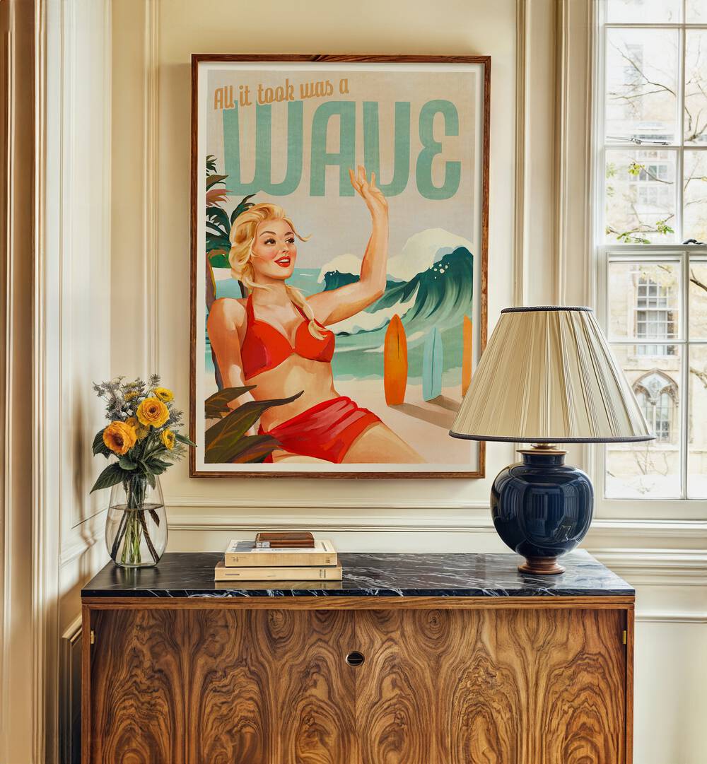 Vibrant surfing pinup girl in a chic bikini enjoying the beach, perfect for beach paintings lovers.
