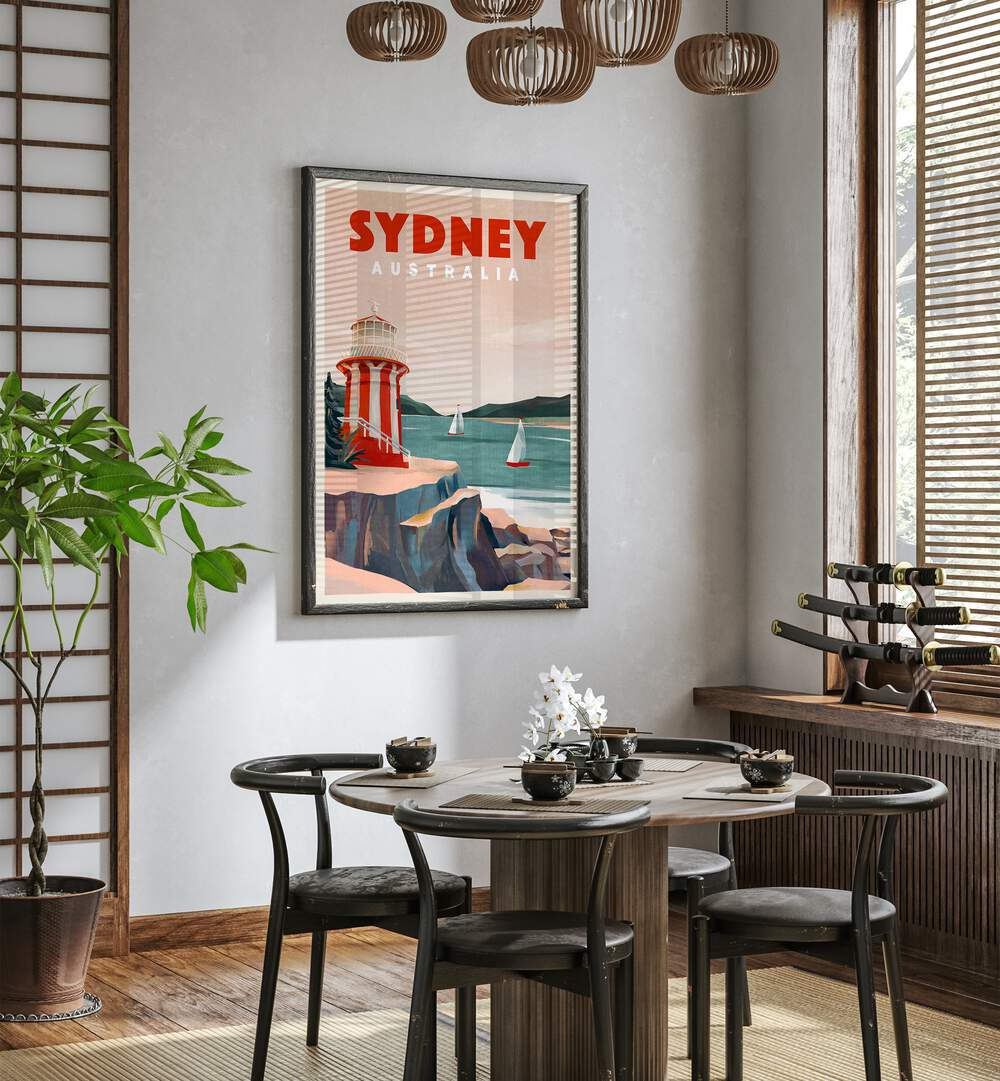 Stunning SYDNEY LIGHTHOUSE, TRAVEL POSTERS showcasing Australia's coastal beauty in a stylish home setting.