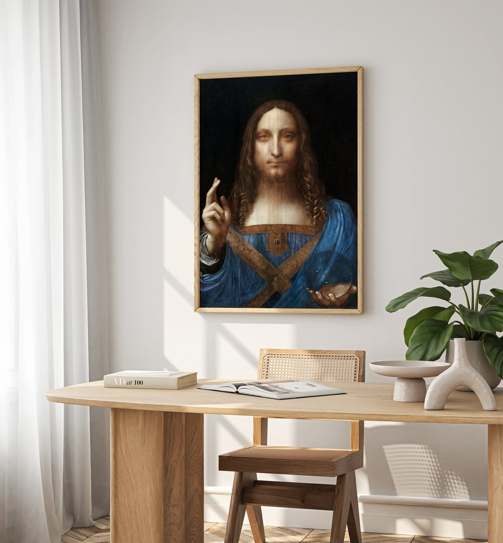 Salvator Mundi Vintage Paintings in Oak Wood Plain Frame placed on a white wall behind a study table