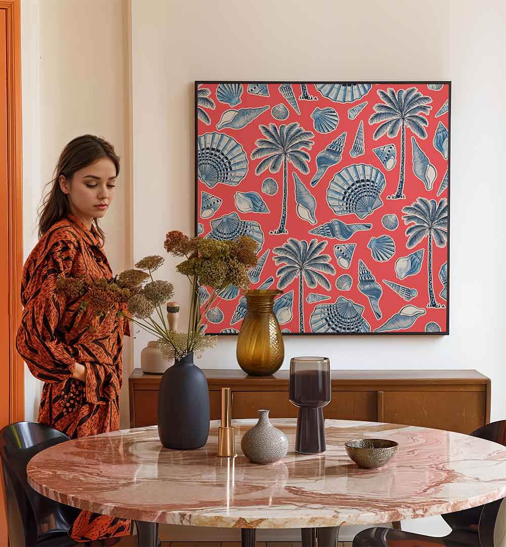SEA SHELLS AND PALMTREES CORAL RED , BEACH PAINTINGS