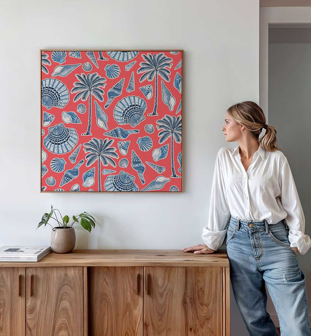 SEA SHELLS AND PALMTREES CORAL RED , BEACH PAINTINGS
