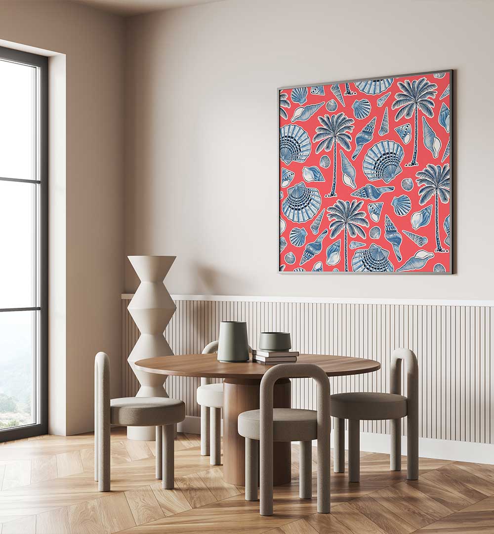 SEA SHELLS AND PALMTREES CORAL RED , BEACH PAINTINGS