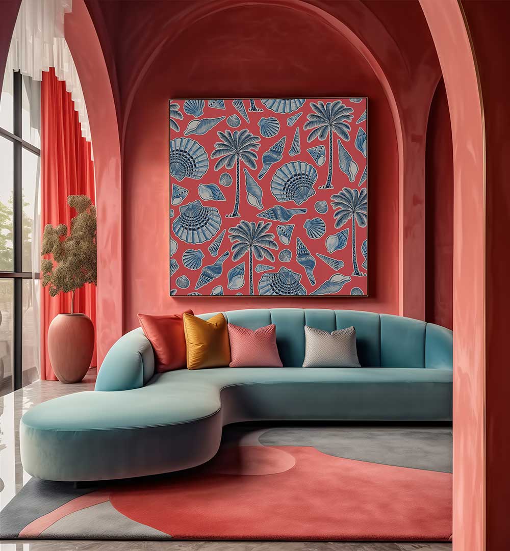SEA SHELLS AND PALMTREES CORAL RED , BEACH PAINTINGS