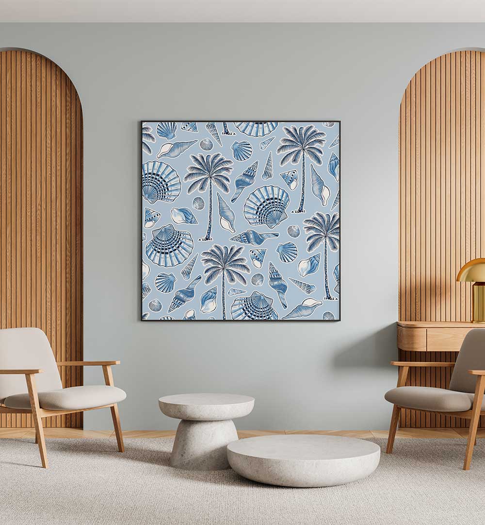 SEA SHELLS AND PALMTREES LIGHT BLUE , BEACH PAINTINGS