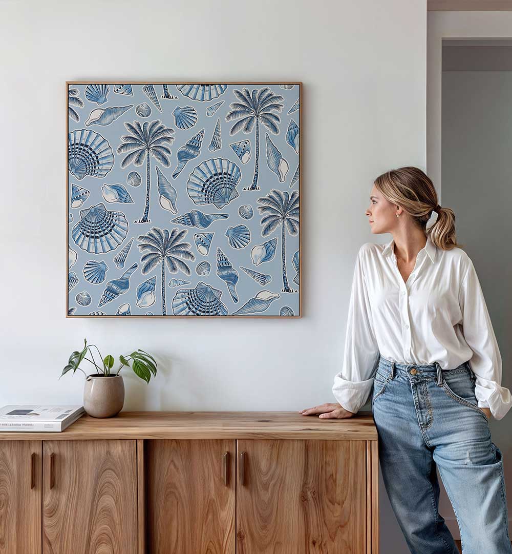SEA SHELLS AND PALMTREES LIGHT BLUE , BEACH PAINTINGS