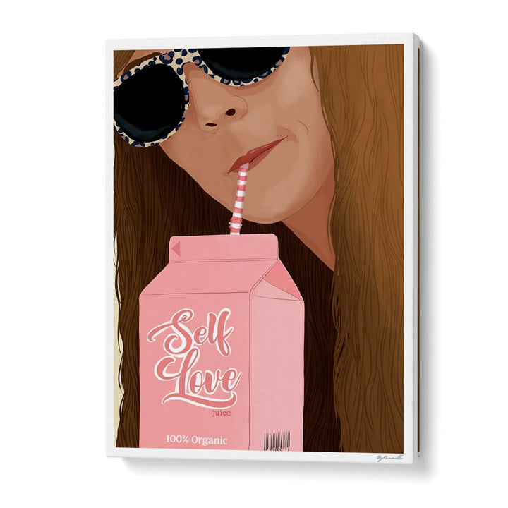 Vibrant SELF LOVE, FASHION POSTERS featuring a woman sipping juice, celebrating individuality and self-expression.