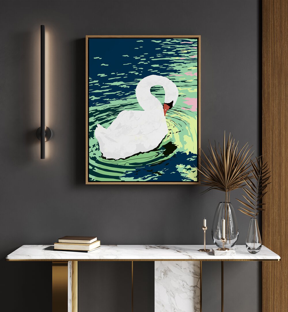 Elegant swan artwork from the "SELF RELIANCE, ANIMAL PAINTINGS" collection by Uma Gokhale, perfect for wildlife art lovers.