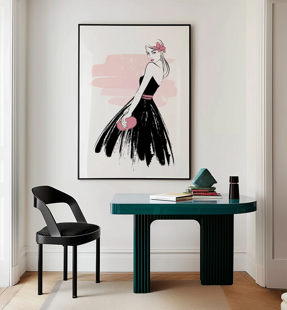 Elegant SENORITA, FASHION POSTERS adorn a stylish living space, showcasing Martina's exquisite fashion artwork.