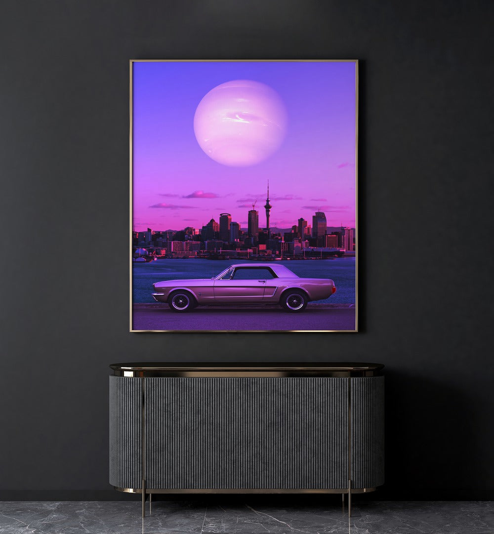 SERENE DRIVE, SURREAL ART PRINTS showcase a classic car against a vibrant city skyline and dreamy planet backdrop.
