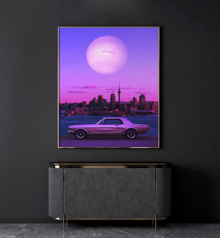SERENE DRIVE, SURREAL ART PRINTS showcase a classic car against a vibrant city skyline and dreamy planet backdrop.