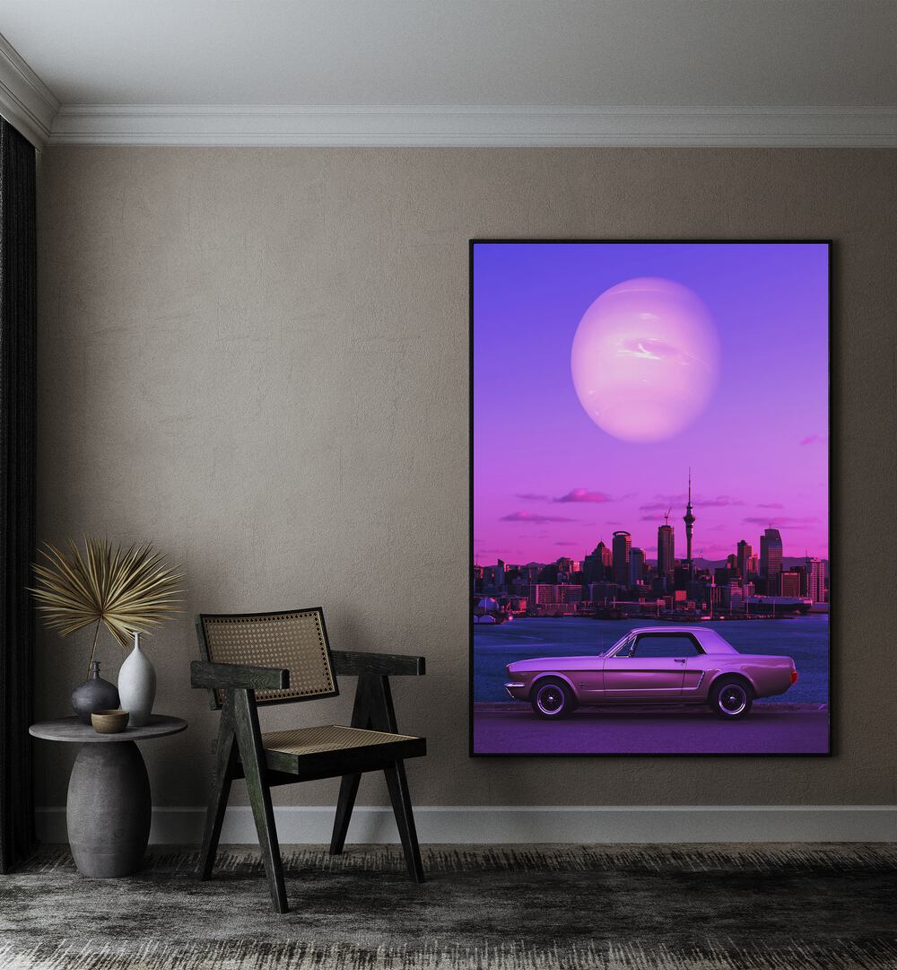 Stylish room featuring SERENE DRIVE, SURREAL ART PRINTS by Ritvik Takkar, showcasing dreamlike landscapes and vibrant colors.