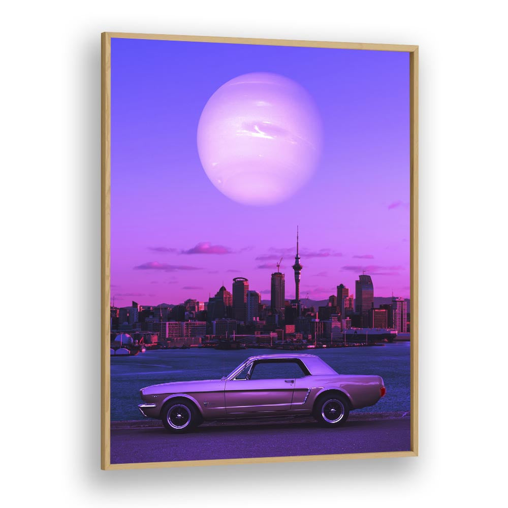 Captivating SERENE DRIVE, SURREAL ART PRINTS featuring a dreamy landscape with a classic car and vibrant sky.