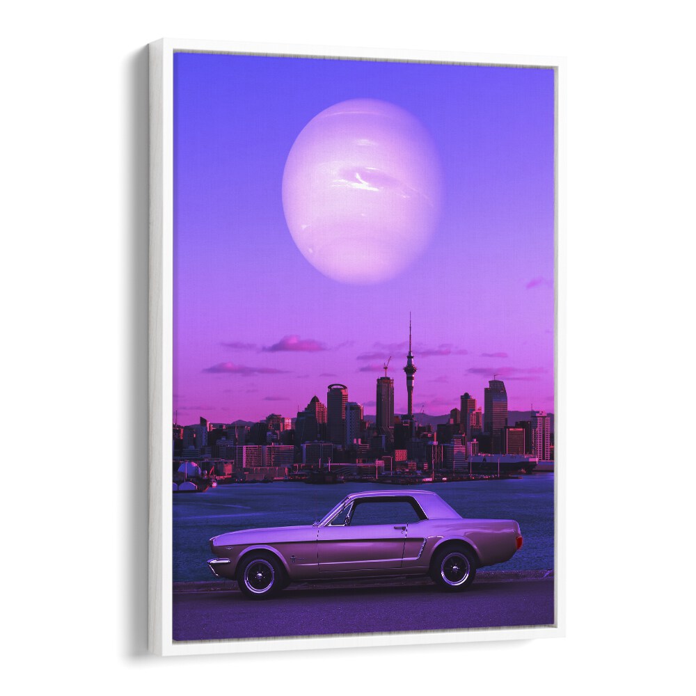 Vibrant SERENE DRIVE, SURREAL ART PRINTS by Ritvik Takkar showcases a dreamlike cityscape with a classic car.