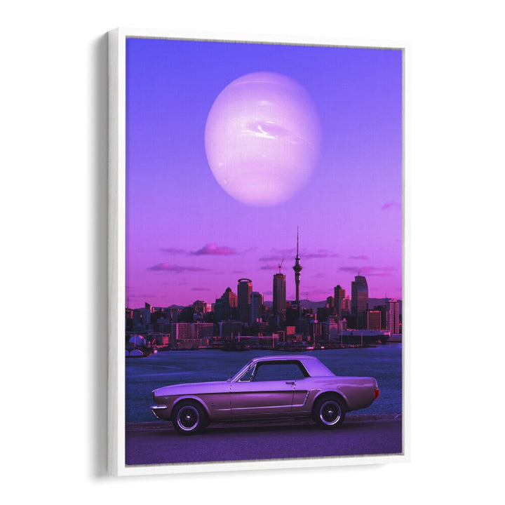 Vibrant SERENE DRIVE, SURREAL ART PRINTS by Ritvik Takkar showcases a dreamlike cityscape with a classic car.