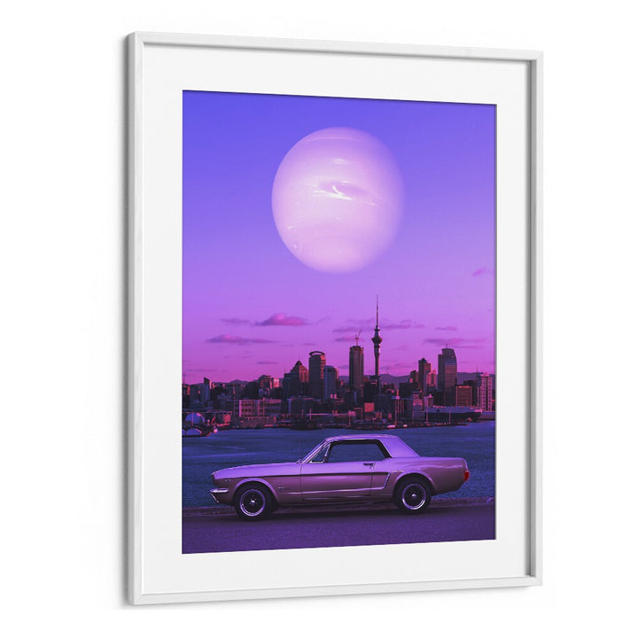 Serene Drive, Surreal Art Prints by Ritvik Takkar features a dreamy landscape with a vintage car under a surreal sky.