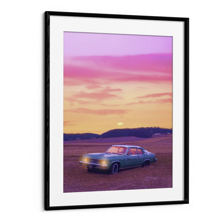 Stunning SERENE VIEW, SURREAL ART PRINTS by Ritvik Takkar, showcasing a vibrant landscape with a vintage car.