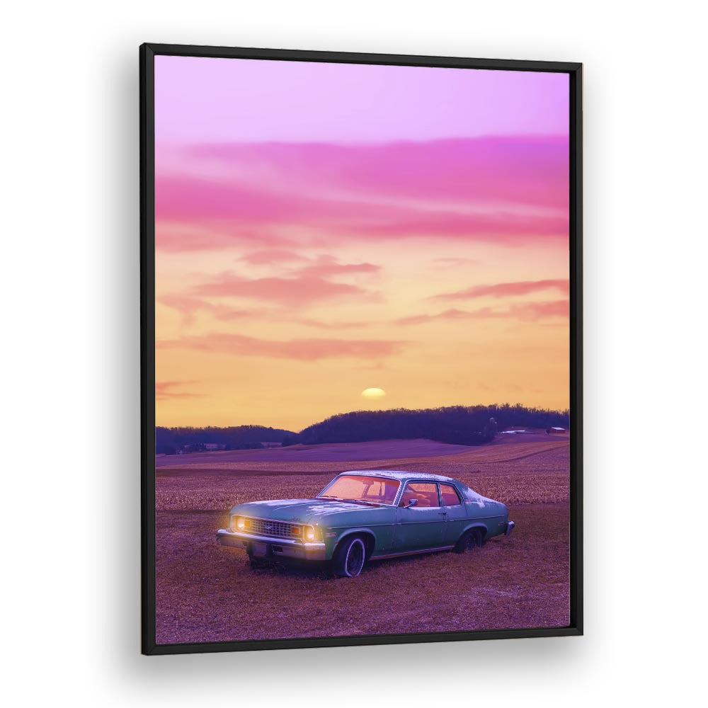 Serene View, Surreal Art Prints by Ritvik Takkar showcases a dreamy sunset landscape with a vintage car.