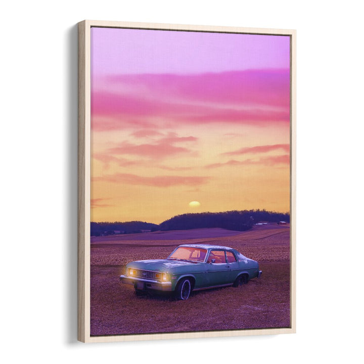 Serene View, Surreal Art Prints by Ritvik Takkar, features a dreamy landscape with vibrant sunset hues and a vintage car.