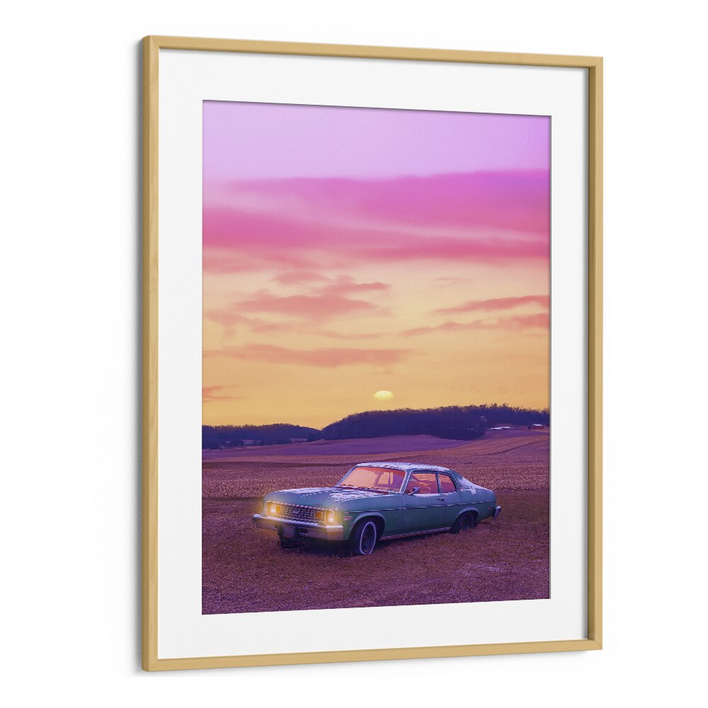 Stunning SERENE VIEW, SURREAL ART PRINTS by Ritvik Takkar, featuring a vintage car against a vibrant sunset backdrop.