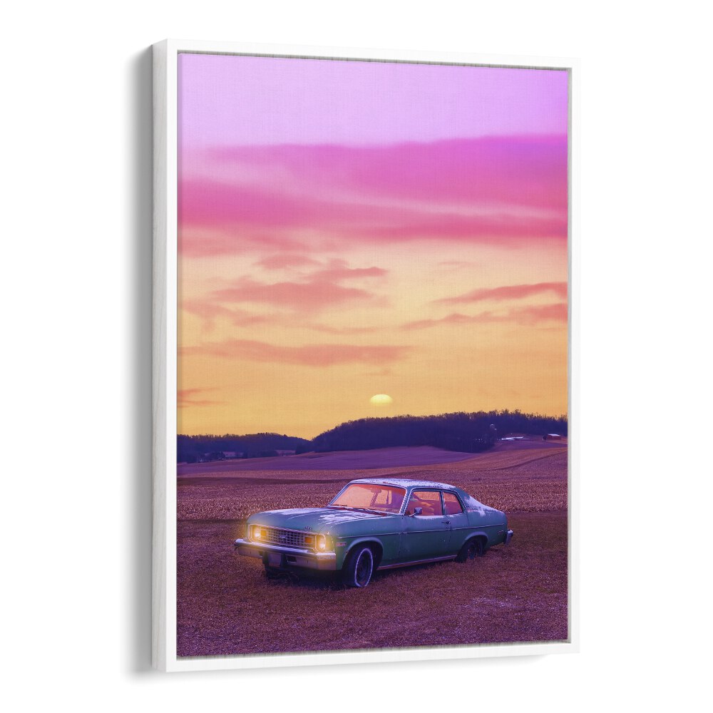 Explore the enchanting SERENE VIEW, SURREAL ART PRINTS featuring a classic car against a mesmerizing sunset landscape.