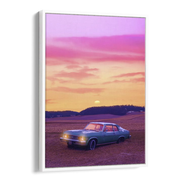 Explore the enchanting SERENE VIEW, SURREAL ART PRINTS featuring a classic car against a mesmerizing sunset landscape.