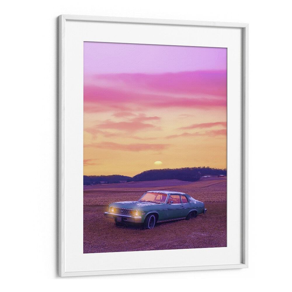 Experience the beauty of SERENE VIEW, SURREAL ART PRINTS by Ritvik Takkar, showcasing an enchanting sunset landscape.