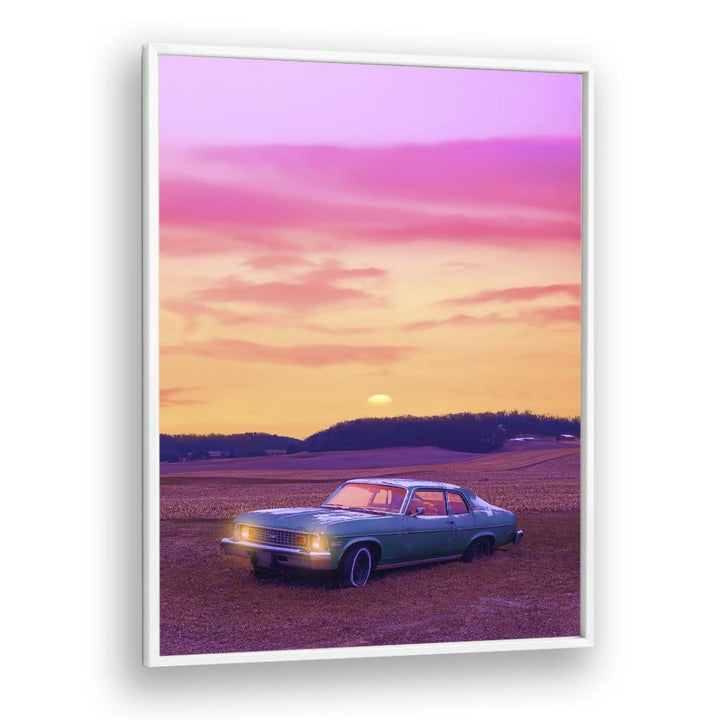 Serene View, Surreal Art Prints by Ritvik Takkar features a dreamy landscape with a vintage car under a vibrant sunset.