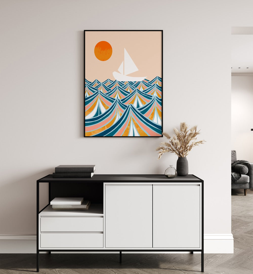 Vibrant "Set Sail, Landscape Paintings" by Uma Gokhale features a sailboat amidst colorful waves and a warm sun.