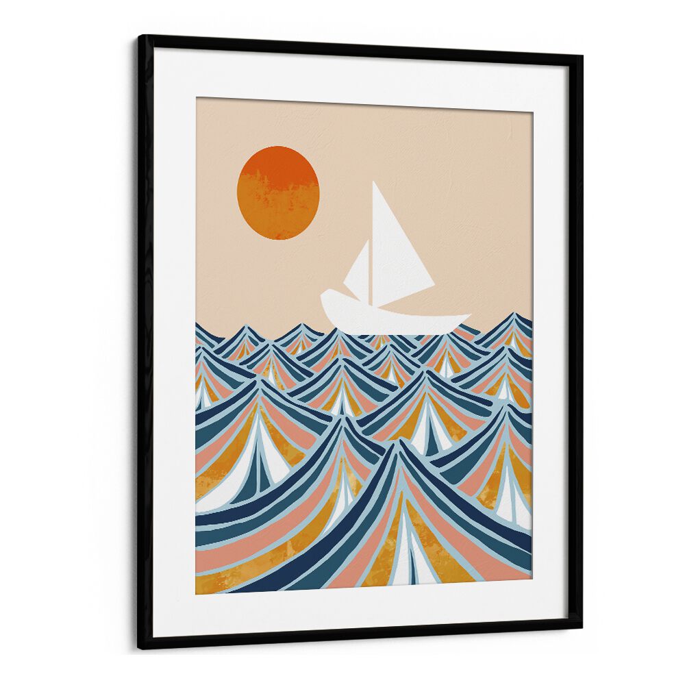 "SET SAIL, LANDSCAPE PAINTINGS by Uma Gokhale features a vibrant sea and sailboat, perfect for inspiring creativity."