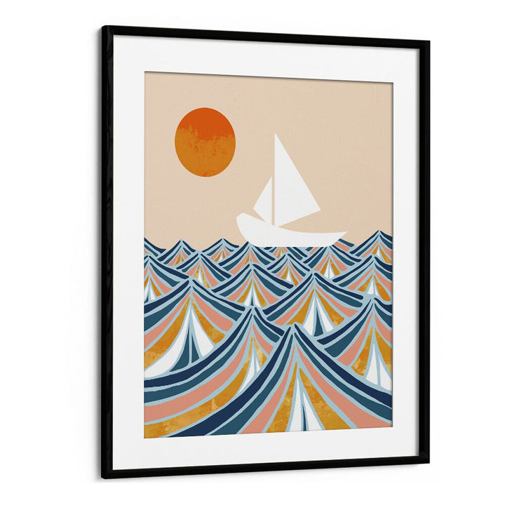"SET SAIL, LANDSCAPE PAINTINGS by Uma Gokhale features a vibrant sea and sailboat, perfect for inspiring creativity."
