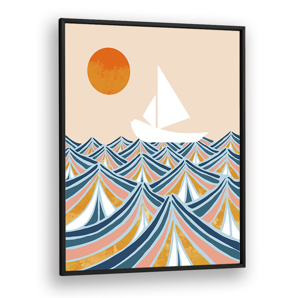 "Discover 'SET SAIL, LANDSCAPE PAINTINGS' by Uma Gokhale, featuring vibrant waves and a serene sailboat in a framed print."