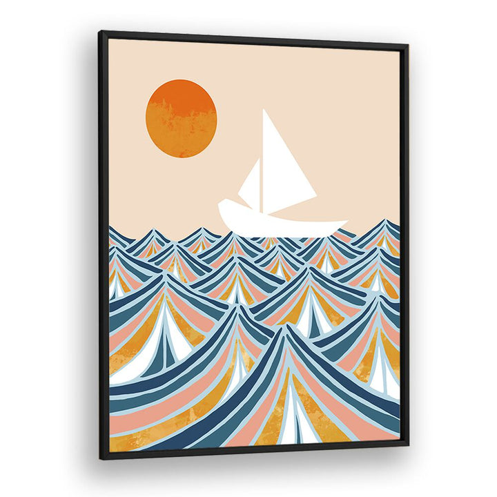 "Discover 'SET SAIL, LANDSCAPE PAINTINGS' by Uma Gokhale, featuring vibrant waves and a serene sailboat in a framed print."