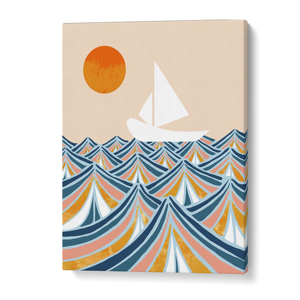 Bright and inviting SET SAIL, LANDSCAPE PAINTINGS by Uma Gokhale, featuring a serene sailing scene and vibrant colors.