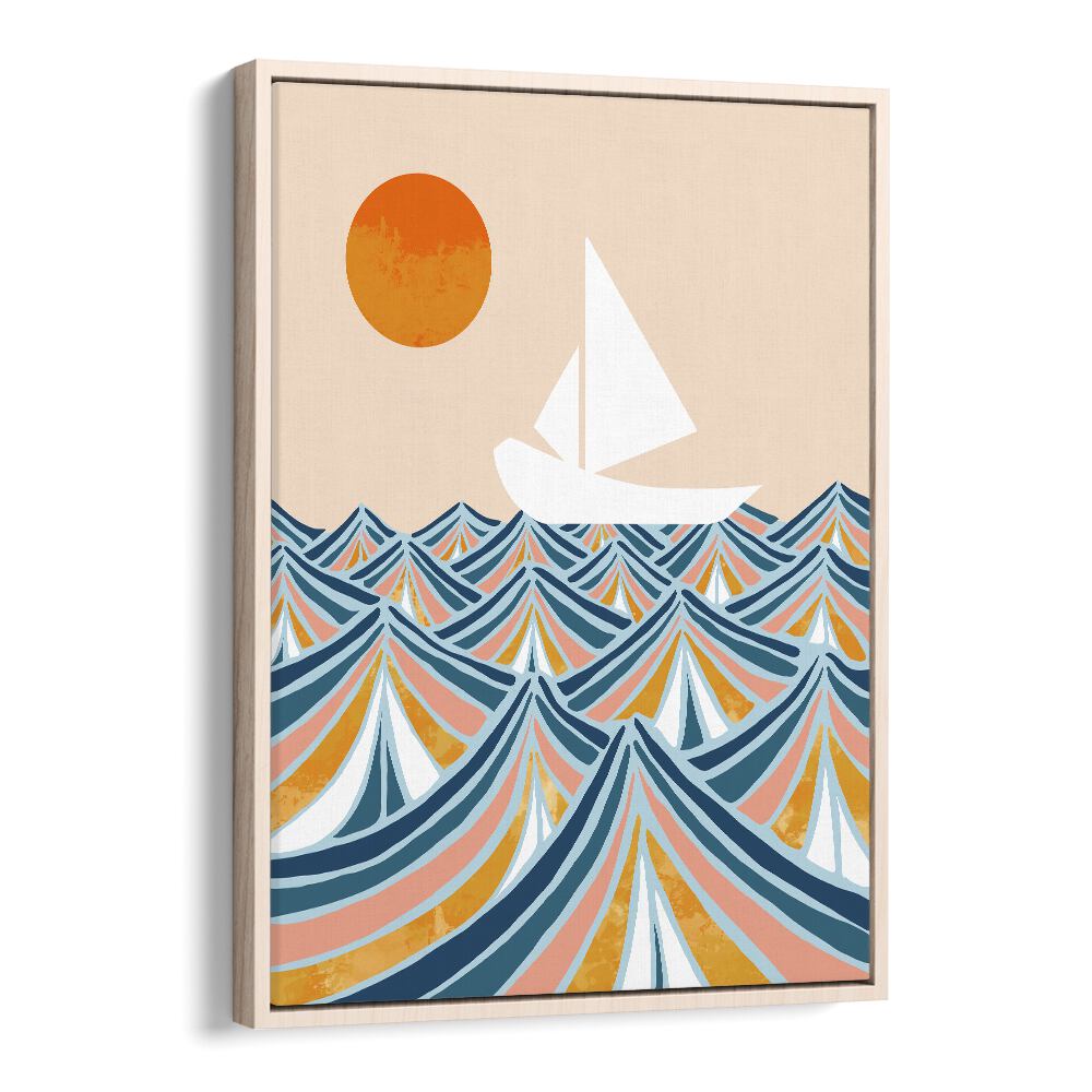 Colorful landscape painting titled "Set Sail" by Uma Gokhale, featuring a sailboat and waves. Perfect for your decor.