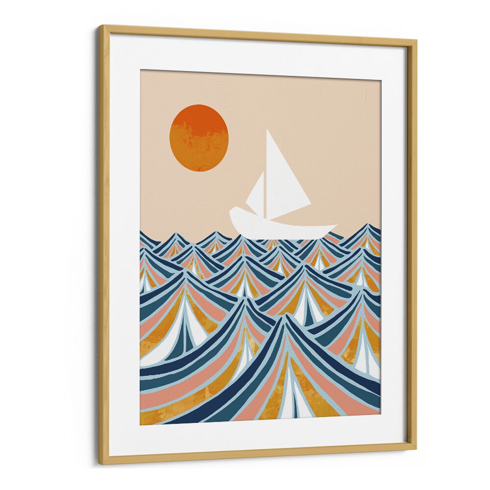 "Set Sail, Landscape Paintings by Uma Gokhale features a serene boat on colorful waves, perfect for inspiring creativity."