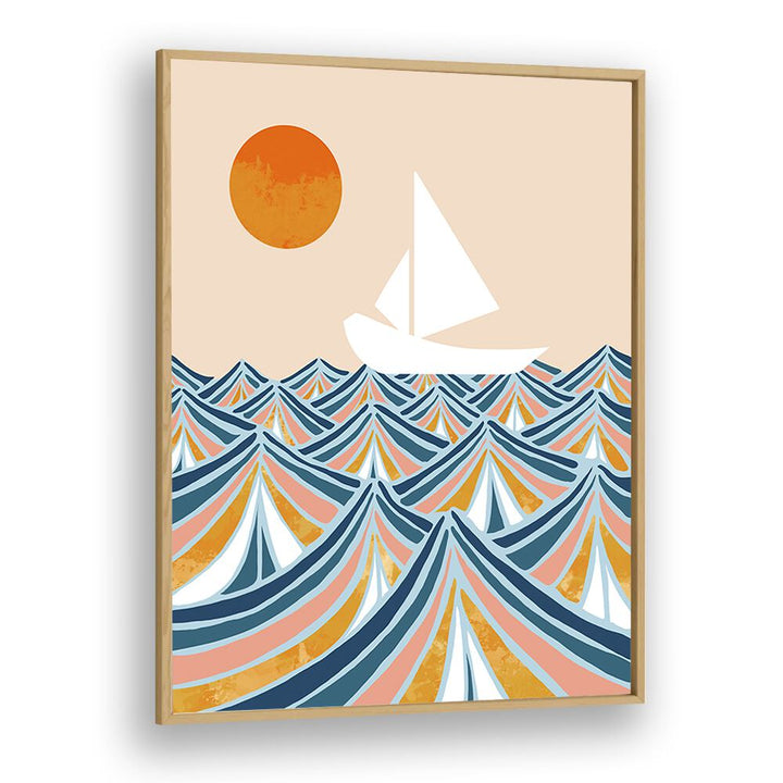 Vibrant "Set Sail" landscape paintings by Uma Gokhale, featuring a sailboat against stylized waves and sunset.
