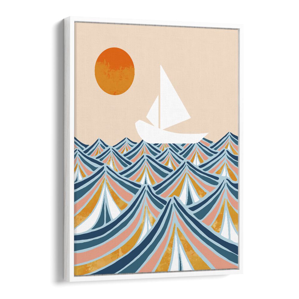 Vibrant "Set Sail" landscape paintings by Uma Gokhale, featuring a sailboat against rolling waves and a sunlit sky.