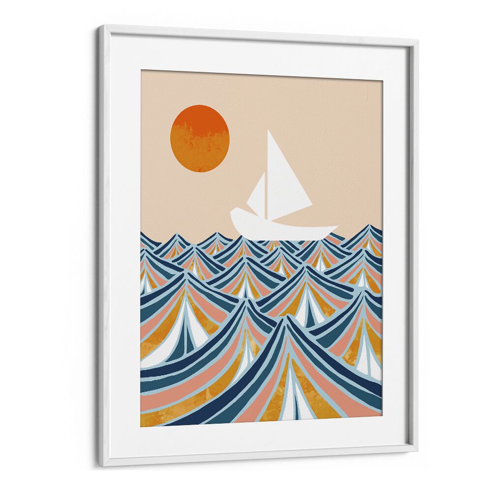 Captivating "SET SAIL, LANDSCAPE PAINTINGS" by Uma Gokhale features a sailboat on vibrant waves and a glowing sun.