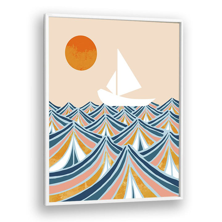 Vibrant "Set Sail, Landscape Paintings" by Uma Gokhale features a sailboat amidst dynamic waves and a warm sun backdrop.