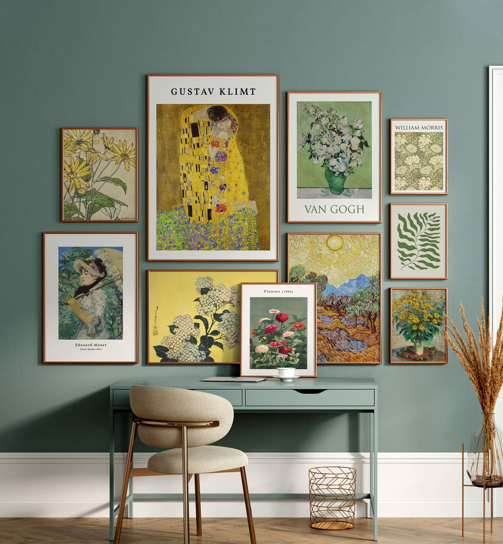 Framed art prints in the SHADES OF YELLOW GALLERY WALL create a warm, inviting gallery walls aesthetic.
