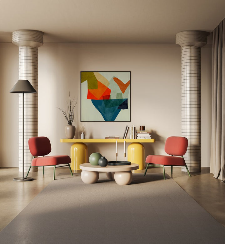 Stylish living room showcasing SHAPES AND LINES V KOPIE, ABSTRACT PAINTINGS by Ana Rut Bre, perfect for modern decor.