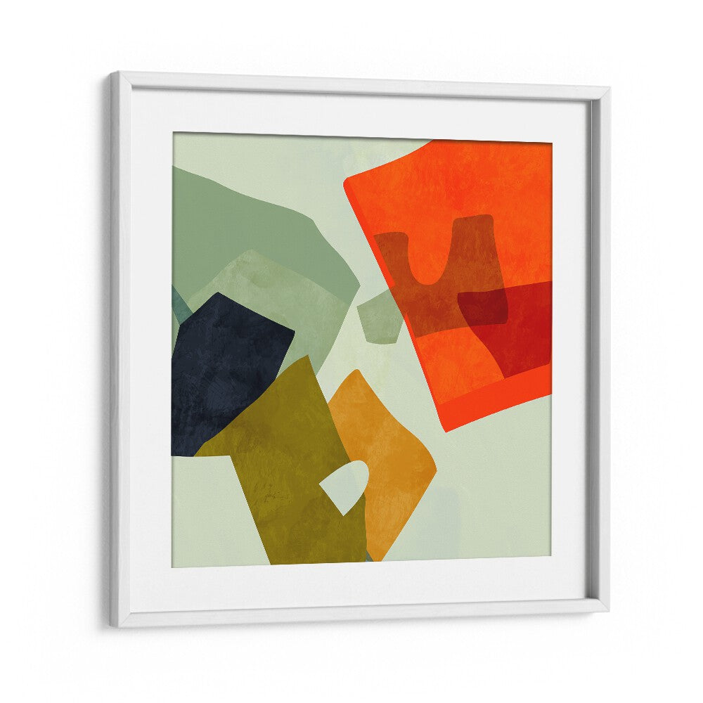 Colorful geometric shapes in a white frame showcase "SHAPES AND LINES VI, ABSTRACT PAINTINGS" by Ana Rut Bre.