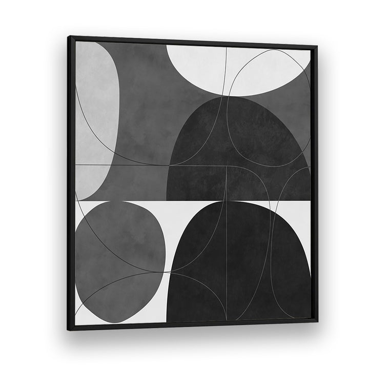 Elegant SHAPES BW I, ABSTRACT PAINTINGS by Ana Rut Bre features modern black and white geometric designs in a sleek frame.