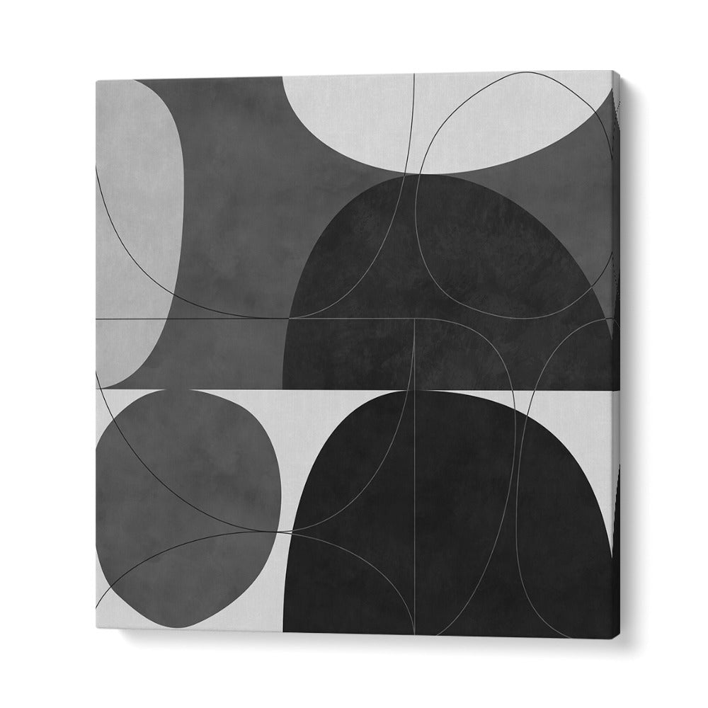 SHAPES BW I, ABSTRACT PAINTINGS by Ana Rut Bre features modern black and white designs on premium canvas.