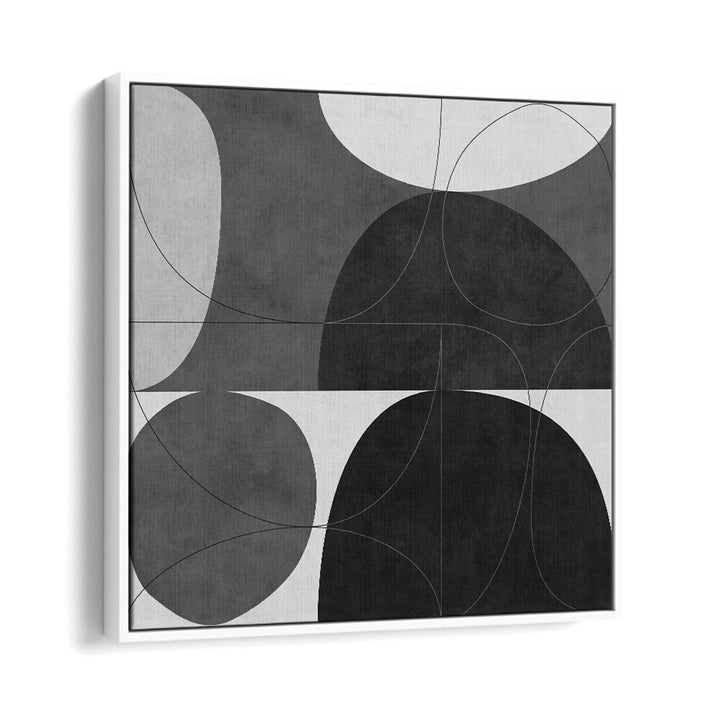 Elegant abstract painting "SHAPES BW I" by Ana Rut Bre, showcasing modern design in a sleek white floater frame.