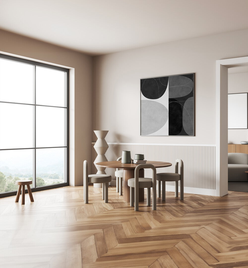 Modern interior featuring SHAPES BW II, ABSTRACT PAINTINGS by Ana Rut Bre, enhancing sophistication in the space.
