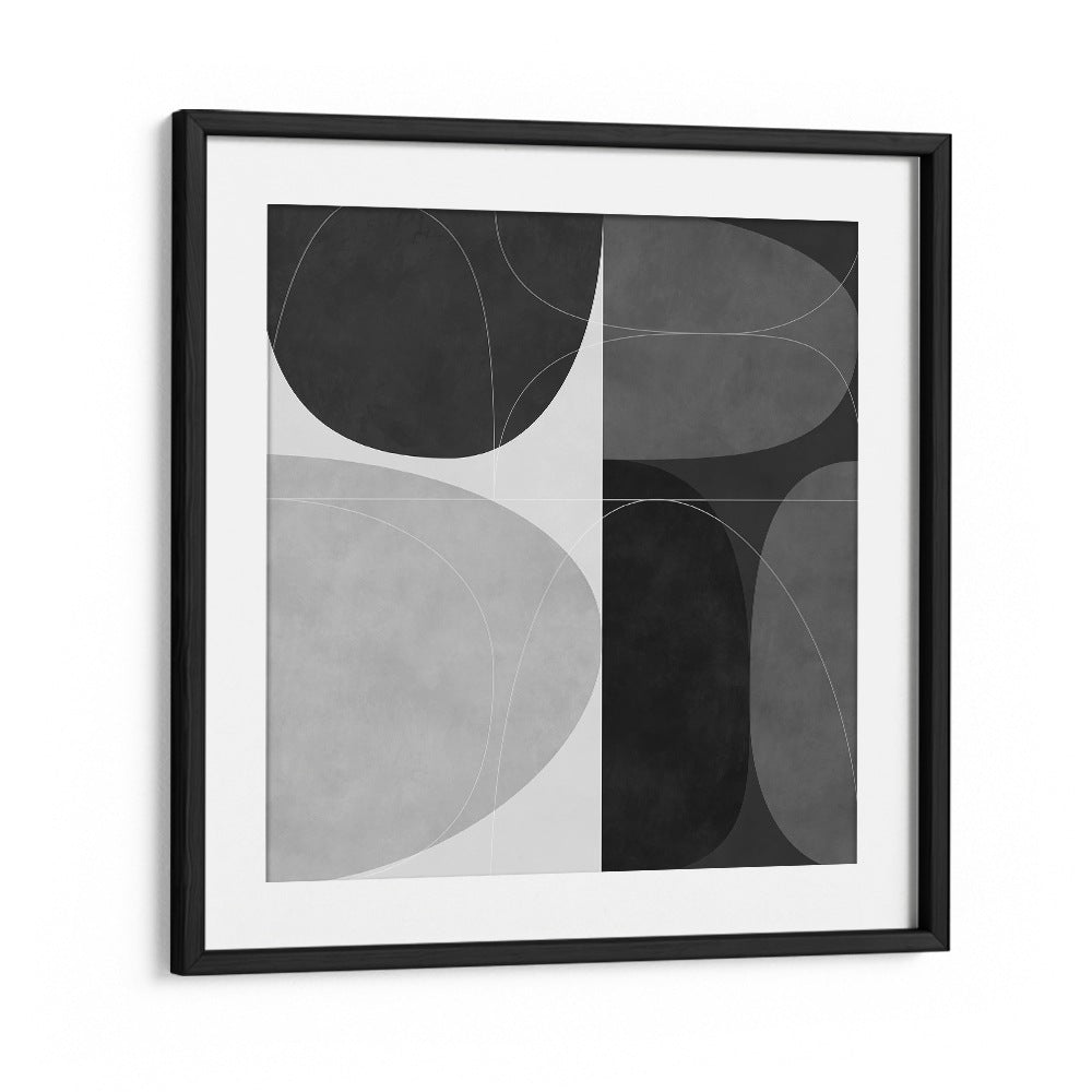 SHAPES BW II, ABSTRACT PAINTINGS by Ana Rut Bre in a sleek black frame, perfect for modern home decor.