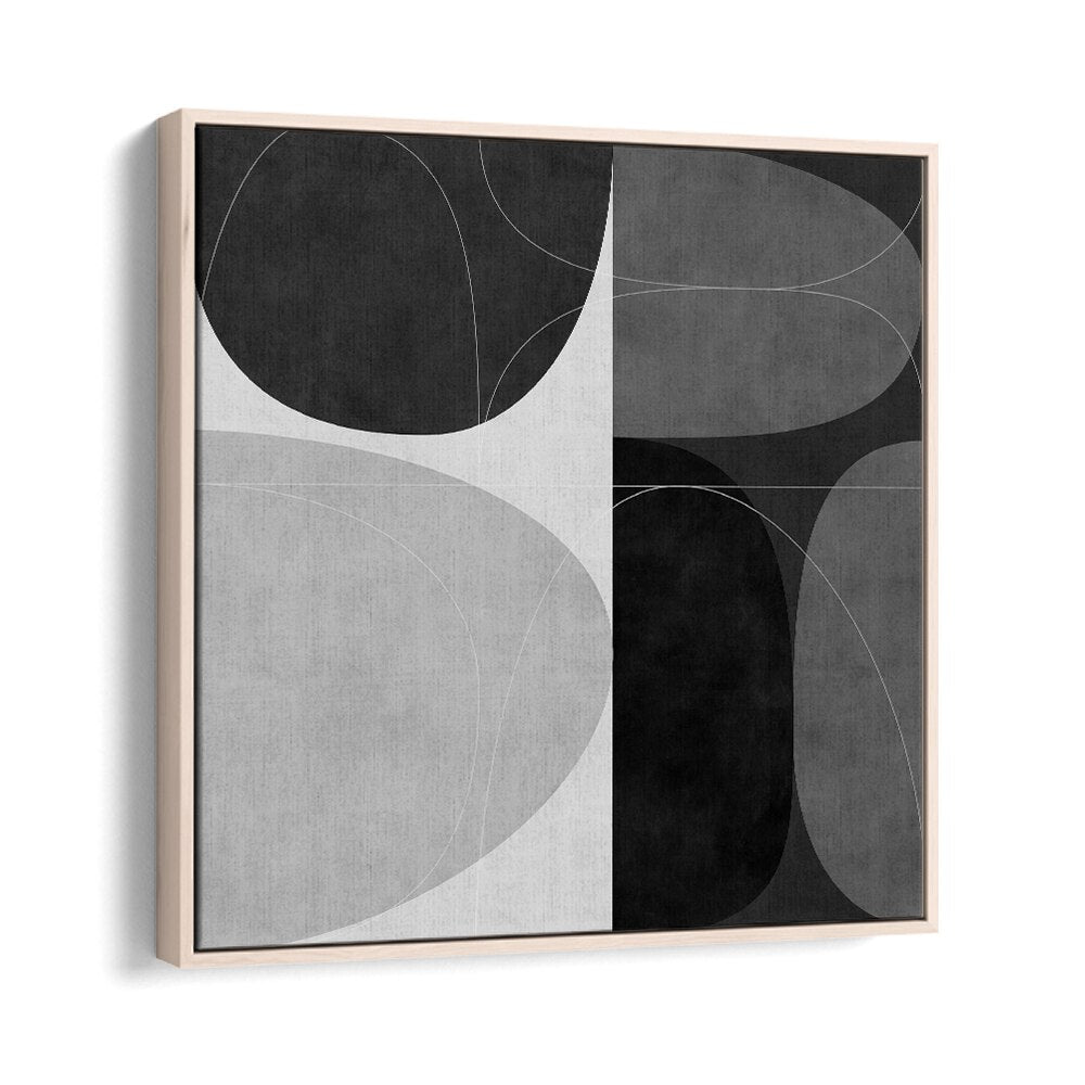 Abstract black and white shapes in a floater frame, showcasing SHAPES BW II, ABSTRACT PAINTINGS by Ana Rut Bre.