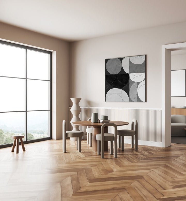 Stylish living room featuring SHAPES BW III, ABSTRACT PAINTINGS by Ana Rut Bre, enhancing modern decor with elegance.